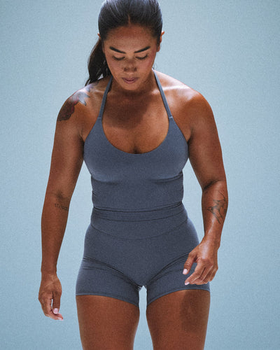 SoftMotion™ Strappy Halter Neck Mid Vest with Built in Bra Shelf | Granite Blue