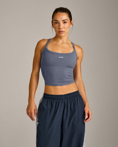 Mellow™ Rib Racer Back Mid Vest with Built in Bra Shelf | Granite Blue