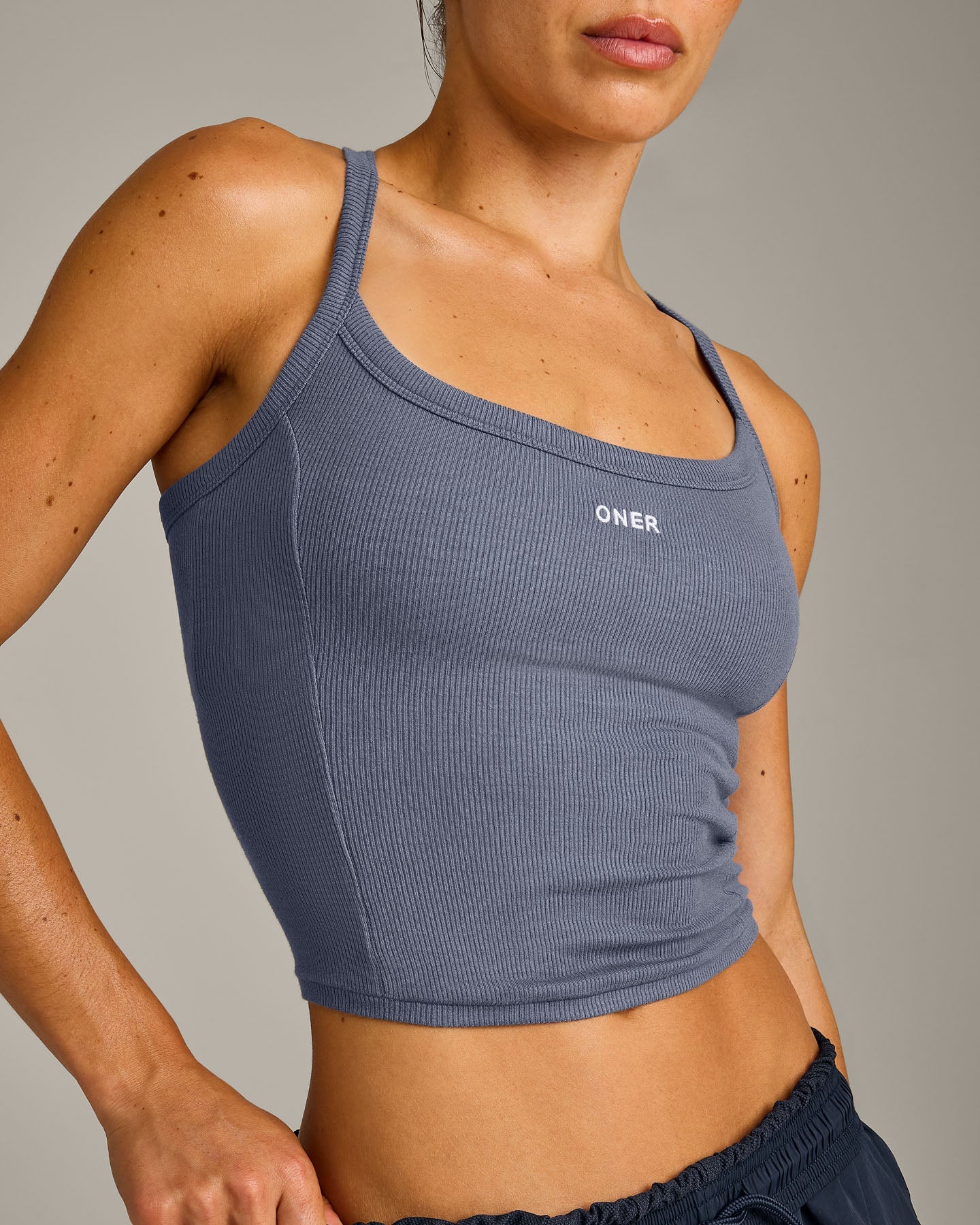 Mellow™ Rib Racer Back Mid Vest with Built in Bra Shelf | Granite Blue