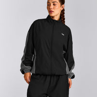 Oversized Contrast Piped Woven Track Jacket | Black