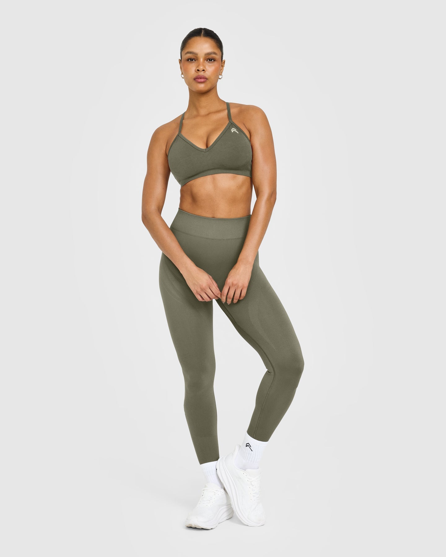 EnhanceLift™ Seamless Strappy Sports Bra with White Logo | Alpine Green
