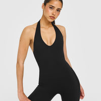 SoftMotion™ Halter Neck All In One Long with White Logo | Black
