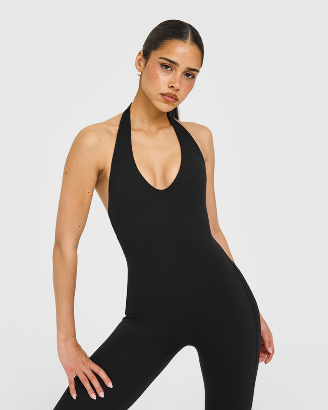 SoftMotion™ Halter Neck All In One Long with White Logo | Black