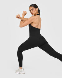 SoftMotion™ Halter Neck All In One Long with White Logo | Black