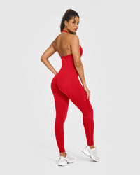 SoftMotion™ Halter Neck All In One Long with White Logo | Light Toasted Red
