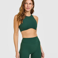 SoftMotion™ High Neck Sports Bra with White Logo | Dark Racing Green
