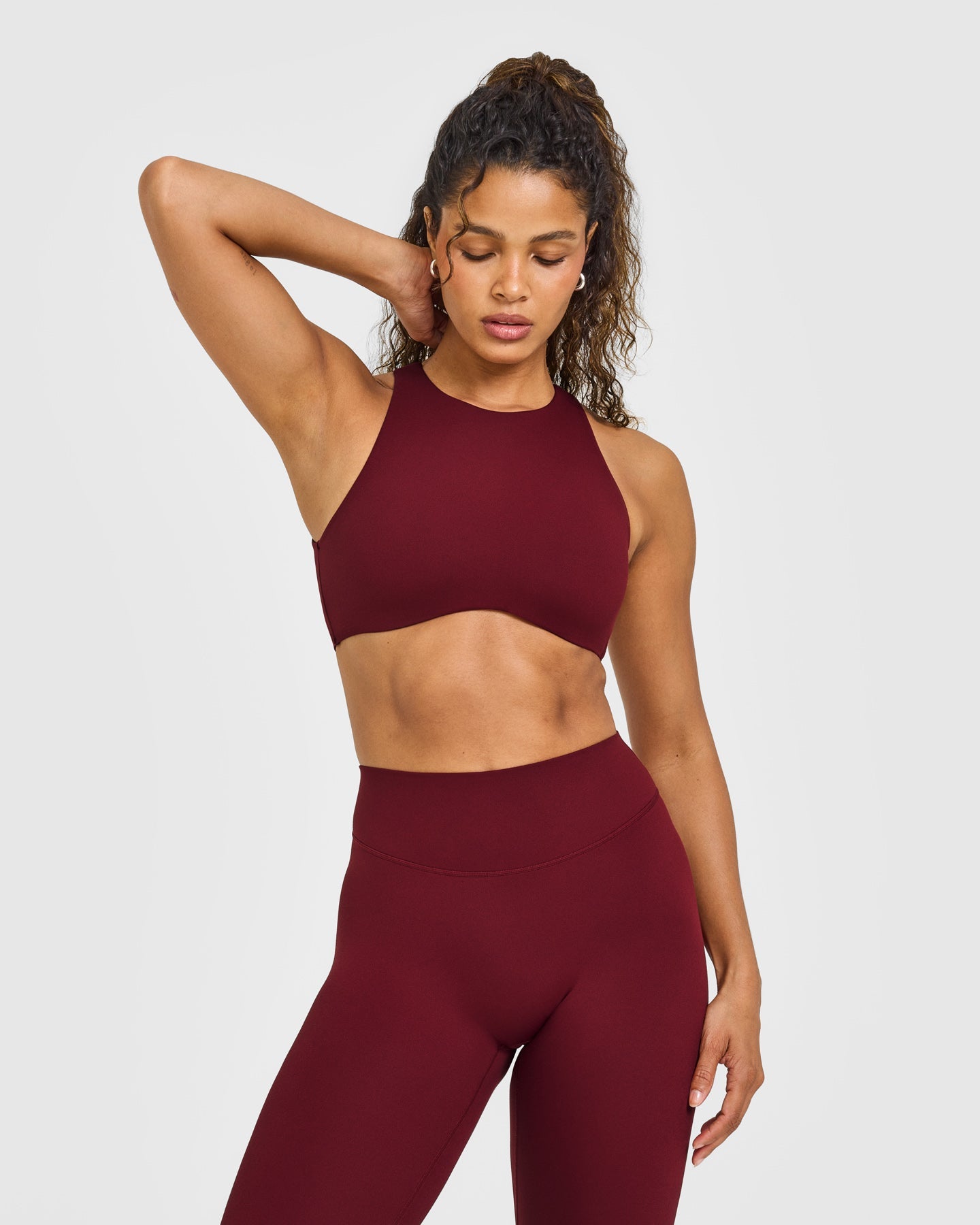 SoftMotion™ High Neck Sports Bra with White Logo | Light Rosewood