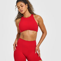 SoftMotion™ High Neck Sports Bra with White Logo | Light Toasted Red