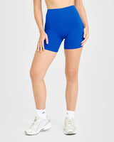 SoftMotion™ High Waisted Shorts 6" with White Logo | Light Cobalt Blue
