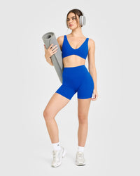 SoftMotion™ High Waisted Shorts 6" with White Logo | Light Cobalt Blue