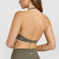 SoftMotion™ Minimal Halter Neck Bralette with White Logo | Alpine Green