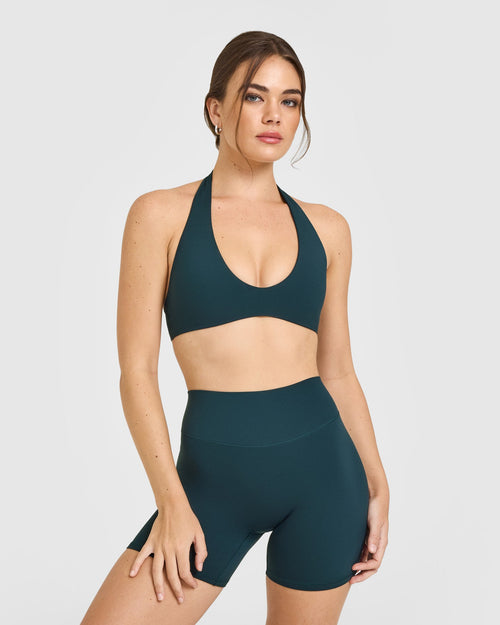 Oner Modal SoftMotion™ Minimal Halter Neck Bralette with White Logo | Oil Blue