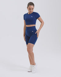 EffortlessLift™ Seamless Cycling Shorts with White Logo | Midnight