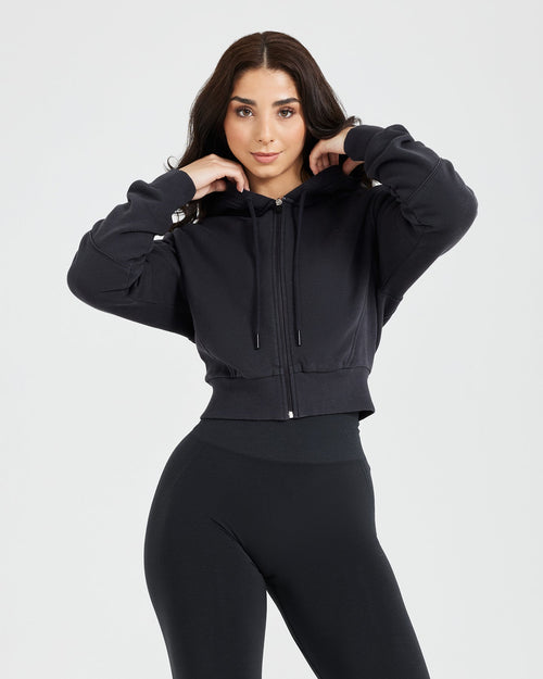 Oner Modal Classic Lounge Cropped Zip Through Hoodie | Coal