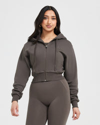 Classic Lounge Cropped Zip Through Hoodie | Deep Taupe