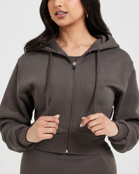 Classic Lounge Cropped Zip Through Hoodie | Deep Taupe