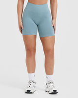Effortless Seamless Shorts with White Logo | Steel Blue