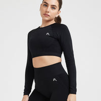 EffortlessLift™ Seamless Long Sleeve Crop Top with White Logo | Black