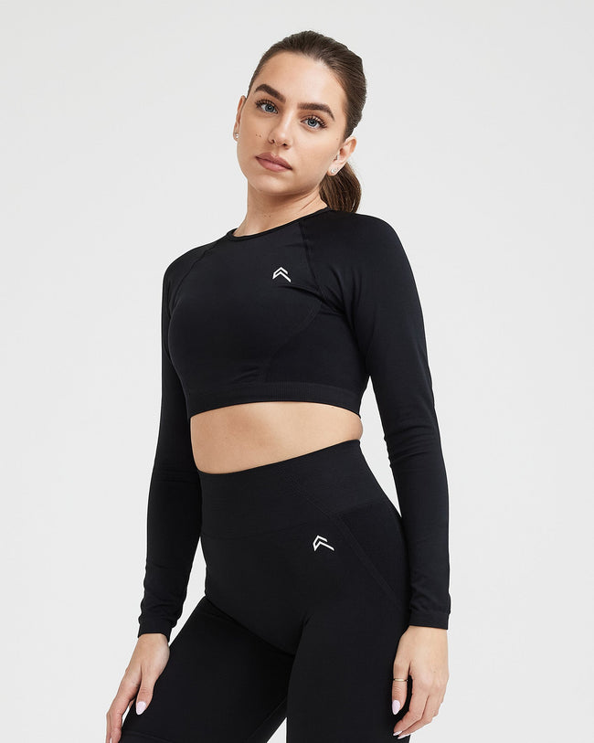 EffortlessLift™ Seamless Long Sleeve Crop Top with White Logo | Black