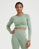EffortlessLift™ Seamless Long Sleeve Crop Top with White Logo | Sage