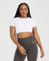 Effortless Seamless Short Sleeve Crop Top with White Logo | White
