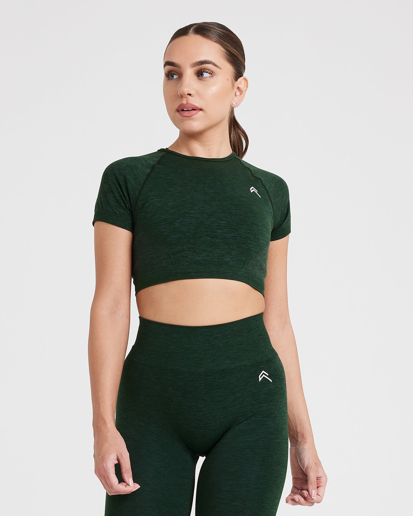 EffortlessLift™ Seamless Short Sleeve Crop Top with White Logo | Evergreen