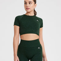 EffortlessLift™ Seamless Short Sleeve Crop Top with White Logo | Evergreen