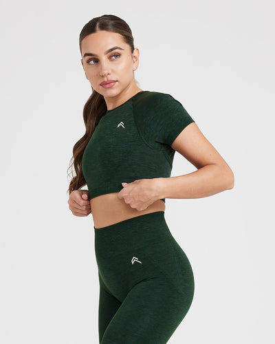 EffortlessLift™ Seamless Short Sleeve Crop Top with White Logo | Evergreen