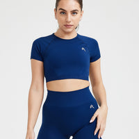 EffortlessLift™ Seamless Short Sleeve Crop Top with White Logo | Midnight
