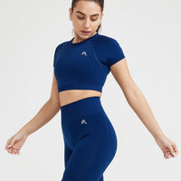 EffortlessLift™ Seamless Short Sleeve Crop Top with White Logo | Midnight