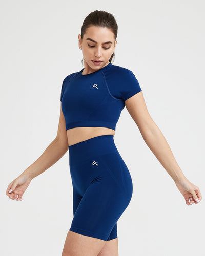 EffortlessLift™ Seamless Short Sleeve Crop Top with White Logo | Midnight