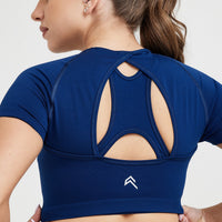 EffortlessLift™ Seamless Short Sleeve Crop Top with White Logo | Midnight