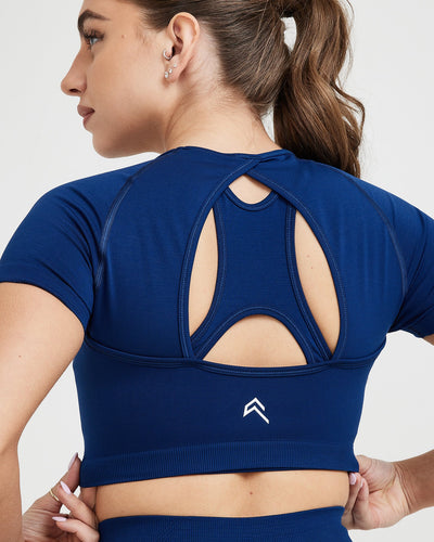 EffortlessLift™ Seamless Short Sleeve Crop Top with White Logo | Midnight