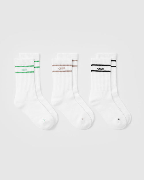 Oner Modal Varsity Crew Socks 3 Pack | White/Jade/Sandstone/Black